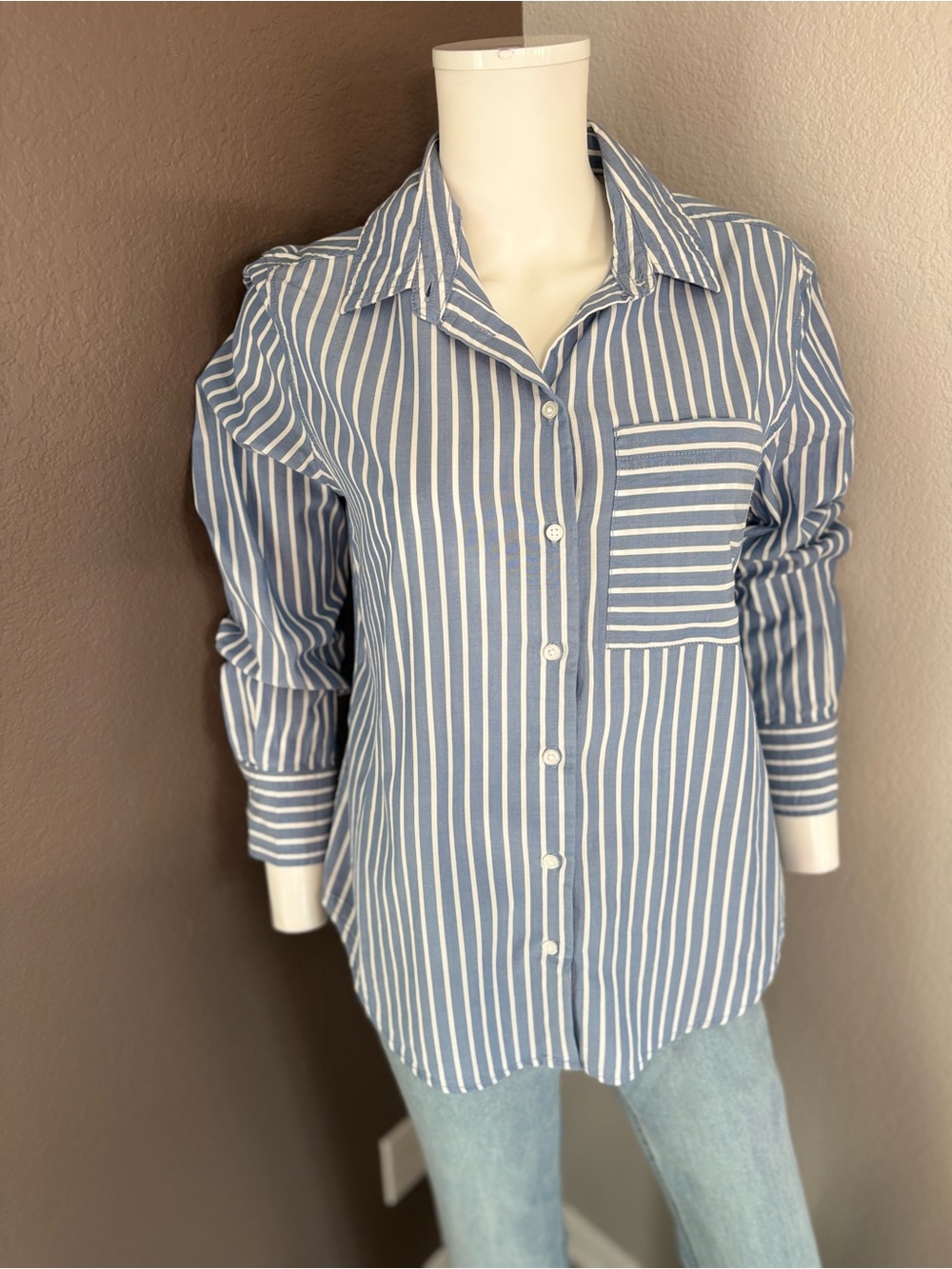 Blue & White Striped Button-Down Shirt for Women - Picture 3 of 6